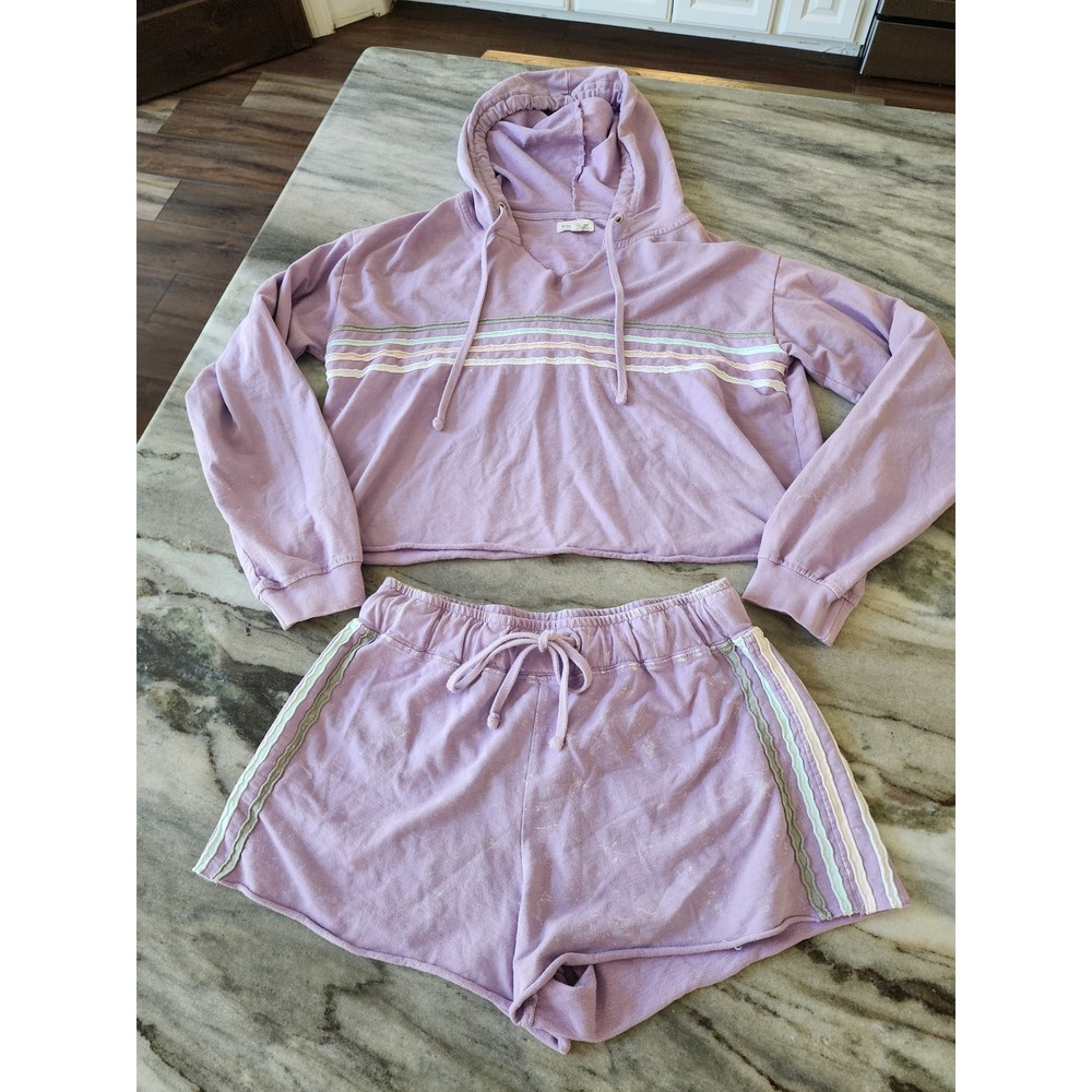 Womens Purple 100% Cotton Cropped Hoodie and Shorts Lounge Comfy Set